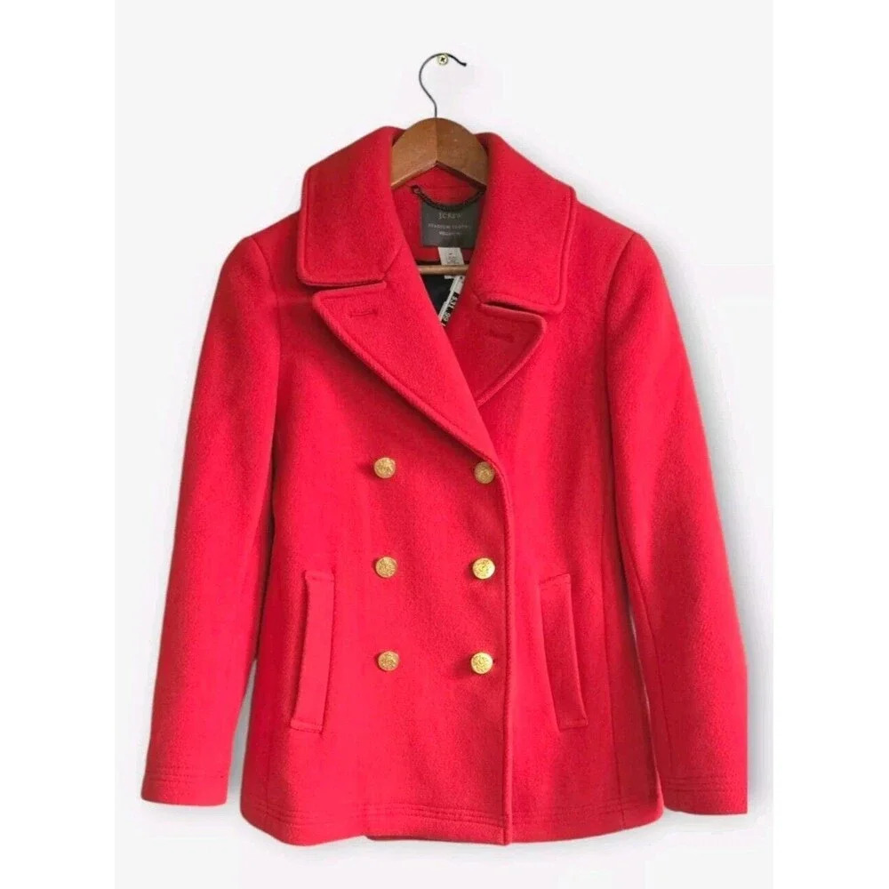 J CREW Stadium Cloth Peacoat Women 6 Orange Italian Double Breast Gold Button
